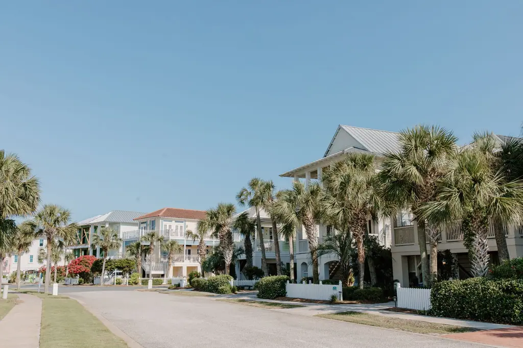 Florida neighborhood street with palms and two story homes