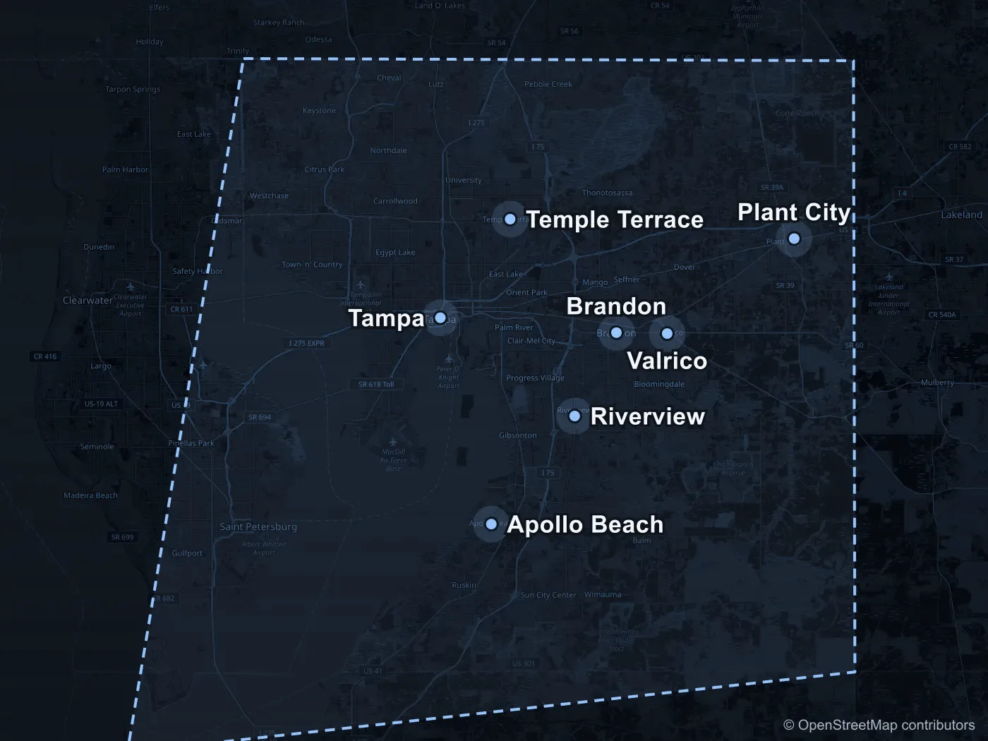 Map of the Brandon Mobile Tint service area covering Tampa, Temple Terrace, Brandon, Valrico, Plant City, Riverview and Apollo Beach