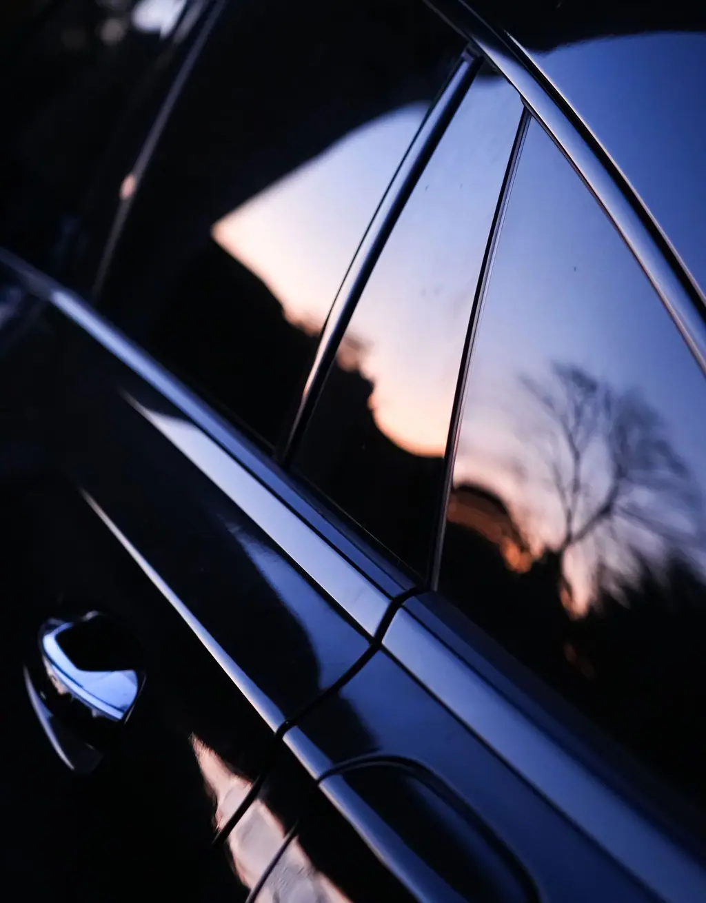 Sunset and a tree silhouette reflected in dark tinted car glass